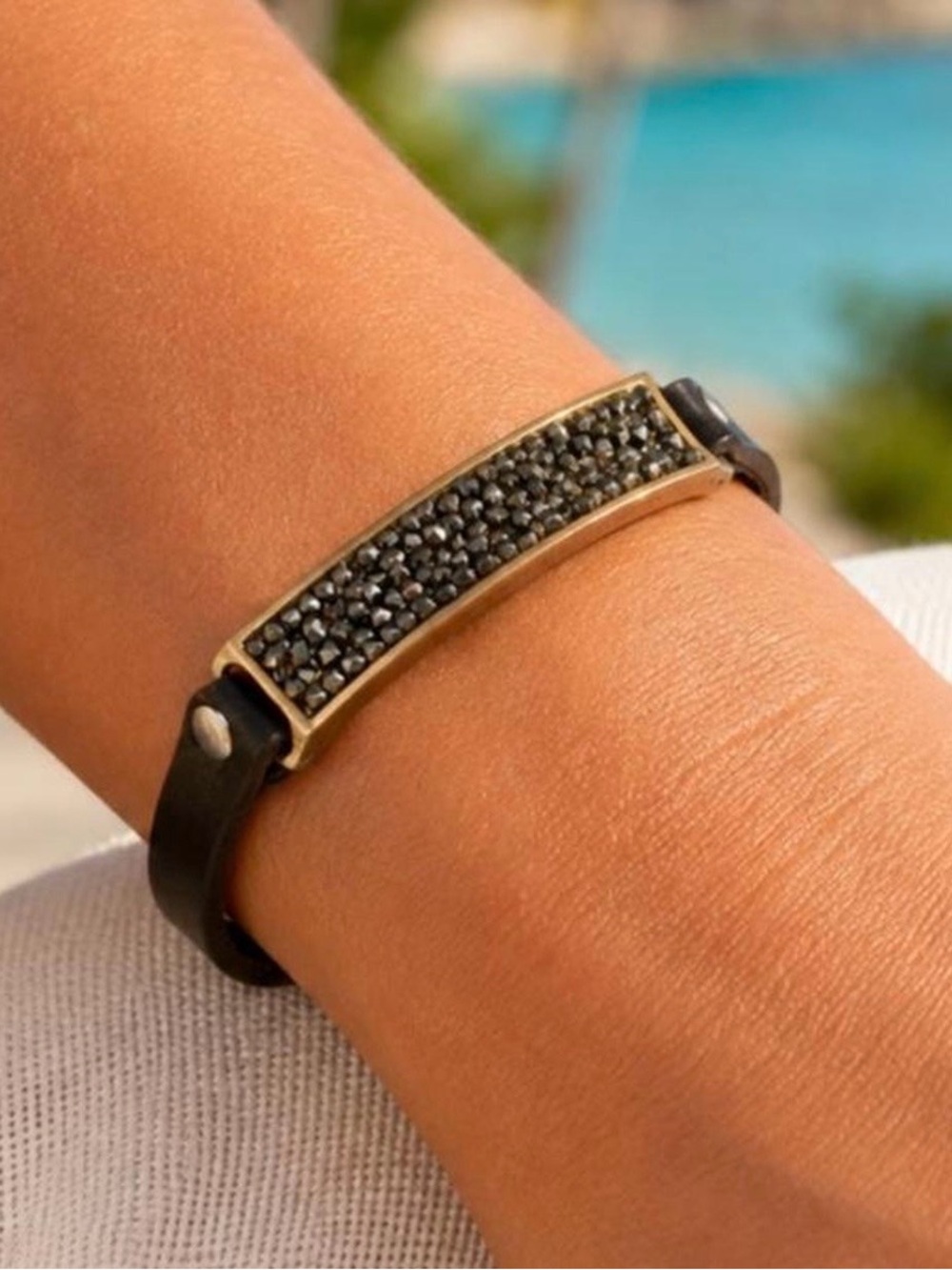 Leather Bracelet with Black Crystal Pavé Bar